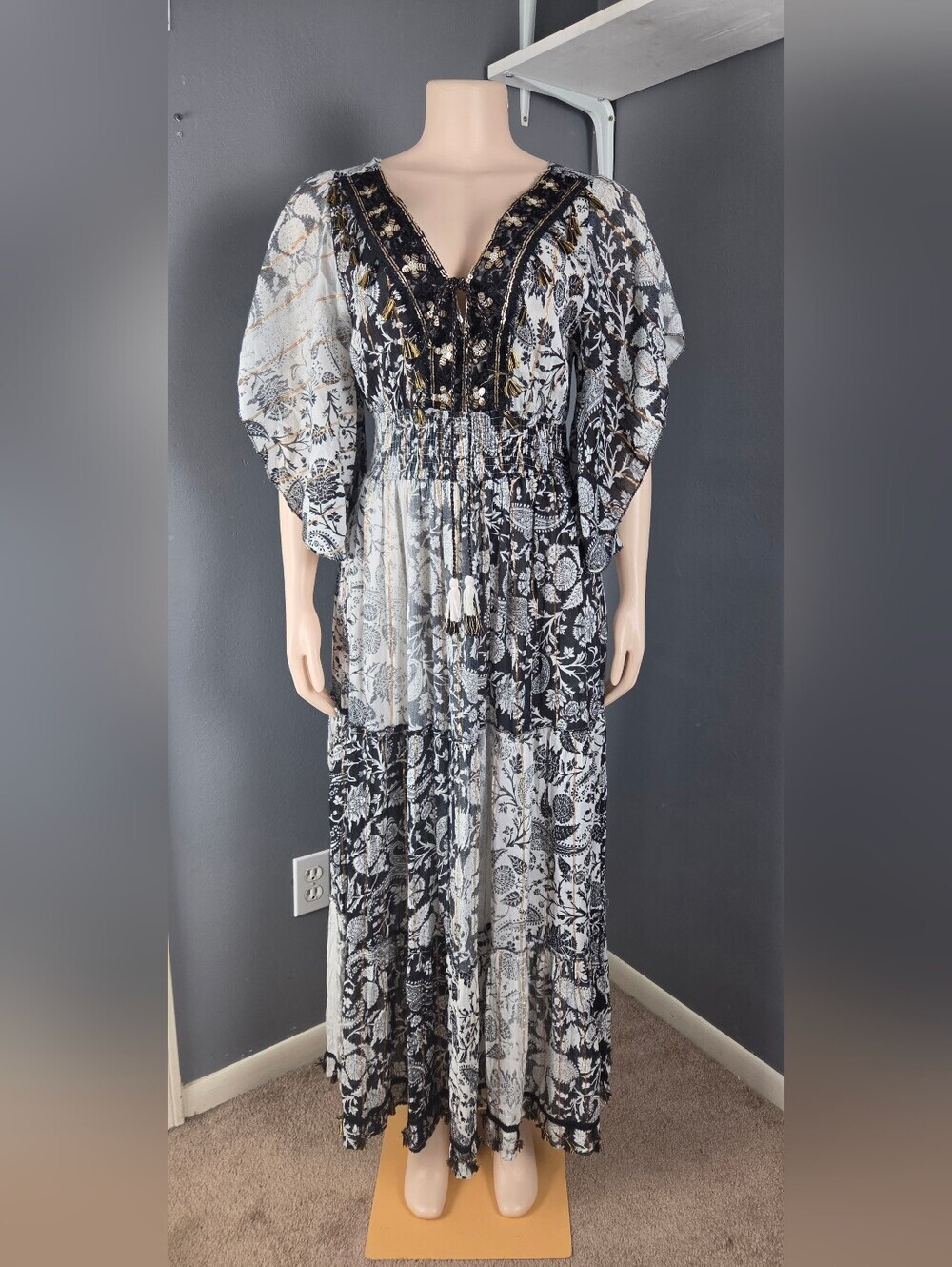 Embroidered Black & White Floral Maxi Dress with Tassel Tie